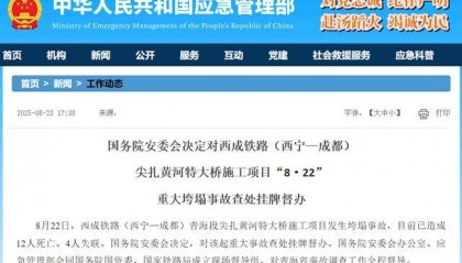 国务院安委会决定对西成铁路（西宁—成都）尖扎黄河特大桥施工项目“8·22” 重大垮塌事故查处挂牌督办